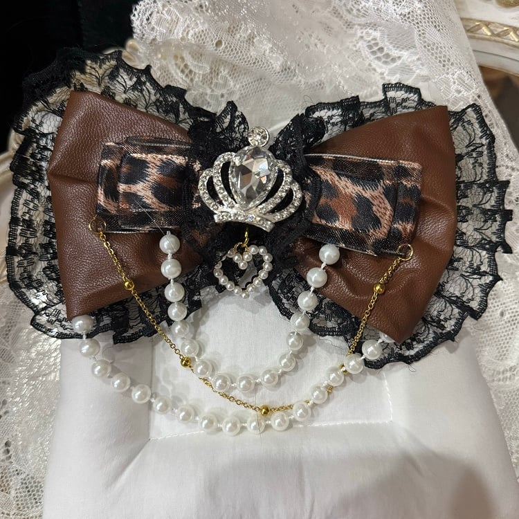Rhinestone Hairclip Beaded Lace Pattern Trim Bowknot BlackBrown Crown Decorated Charm Leopard
