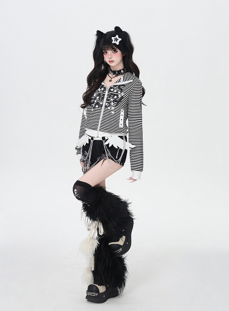 Letter White and Stripes Star Black Print Zip-up Jacket