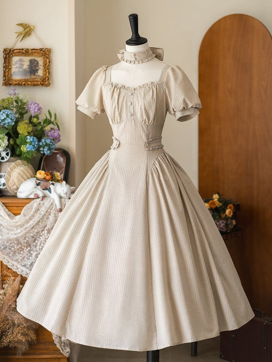 ヴィンテージドレス ファッションスリーブ カーキ パフ スクエア ストライプ ネックライン ライトレトロ生地