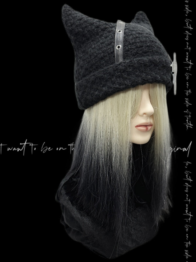 Straps Accent Beanie Design Criss-cross Glamorous Cross Punk Black Cat Ears