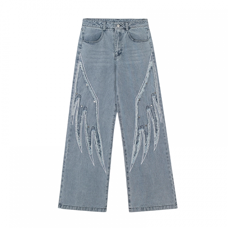 Vintage Wide-leg Jeans Light Blue Rise Wings Embroidery Applique Low