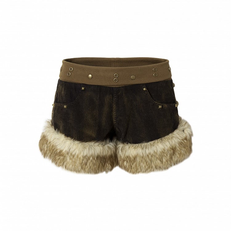 Cordshorts in Schwarz und Gelb mit Plüschbesatz