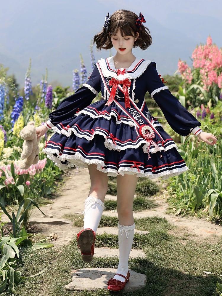 Sailor Set Lolita Navy Summer Dress Skirt Full OP Navycore Tiered Blue