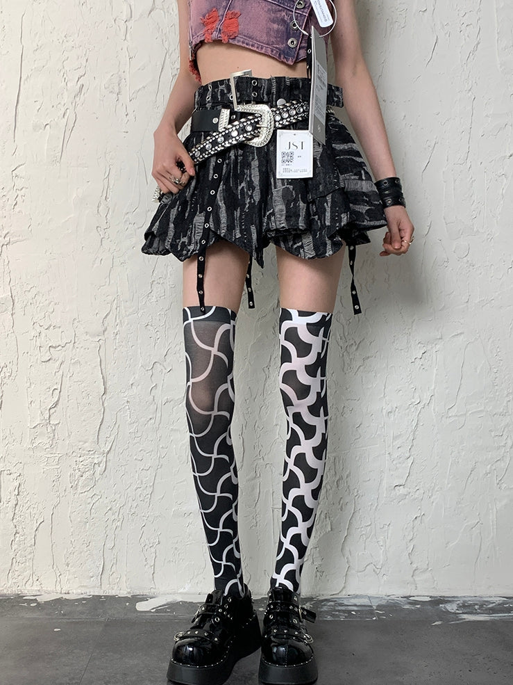 BlackWhite Overknee Y2K Design Asymmetrical Stockings