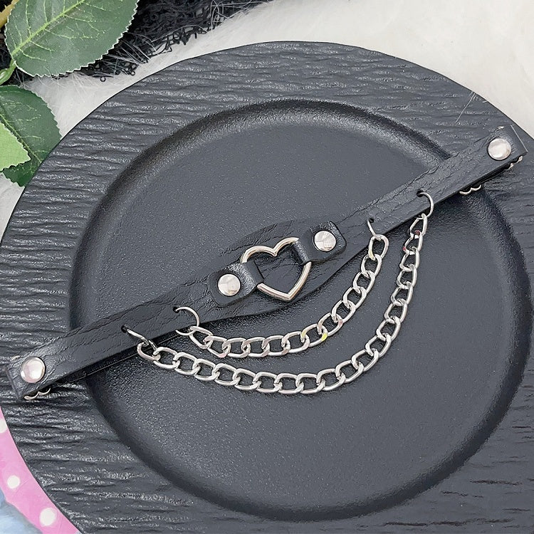 Heart Decorated Chain Glamorous PU Black/Pink/White Leg Charm Loop Studs Y2K