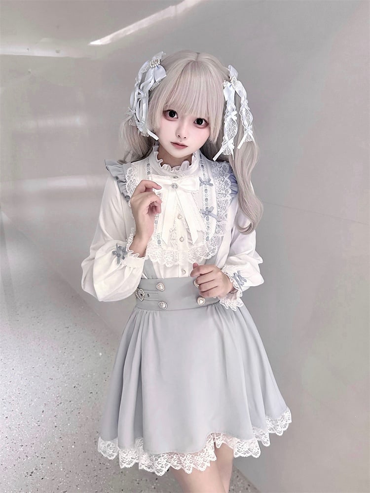 Kei and Decorative Beaded Dress Buckles Jirai Heart Buttons with Dusty Overall Sleeve Flutter Blue