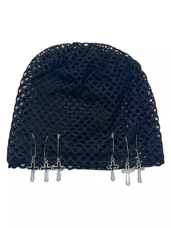 Charm Black Beanie Details Pin Y2K Design Cross Fishnet