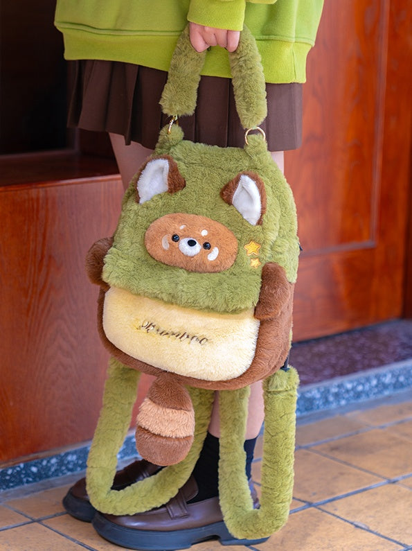 Green And Brown Cute Red Panda Plush Backpack