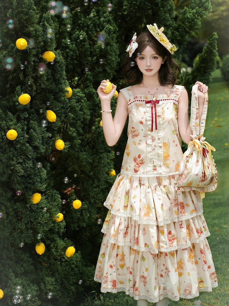 Cream Skirt Print Tiered Lolita Sweet Fruit and Dessert