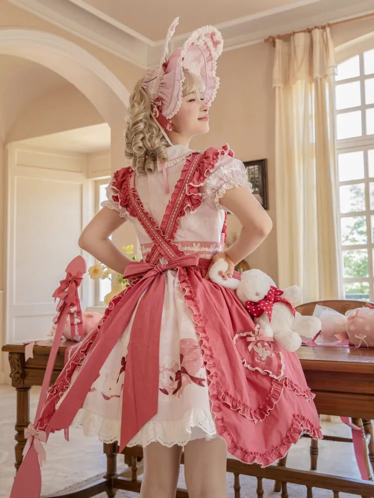 Sweet Straps Bunny Apron Shoulder Embroidery Flutter Pink Lolita