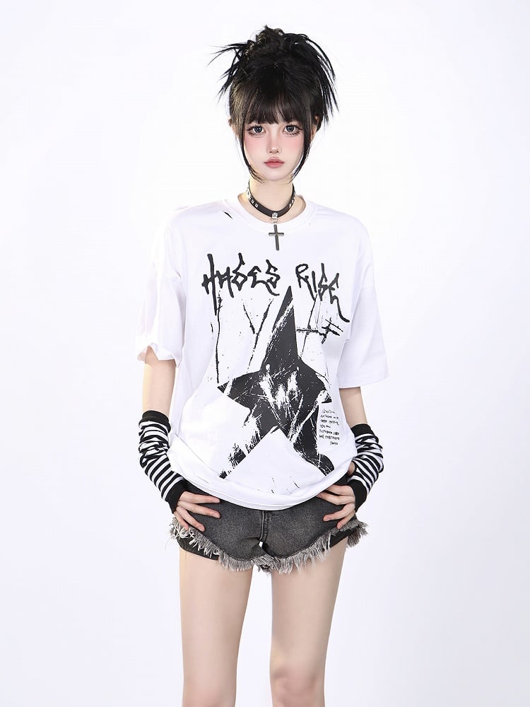 Black/White Vintage Washed Oversized Star Print T-Shirt