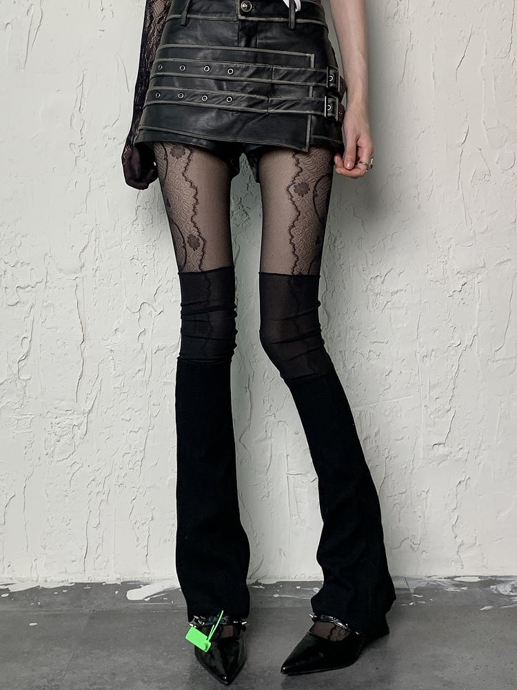 Black/White Pattern Floral Semi-sheer Side Y2K Tights