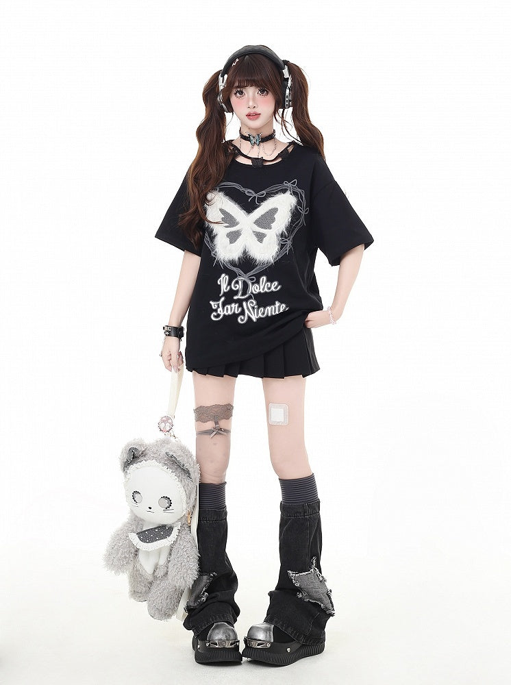 Plush Butterfly Applique Butterfly Neckline Black Design Bittersweet T-Shirt