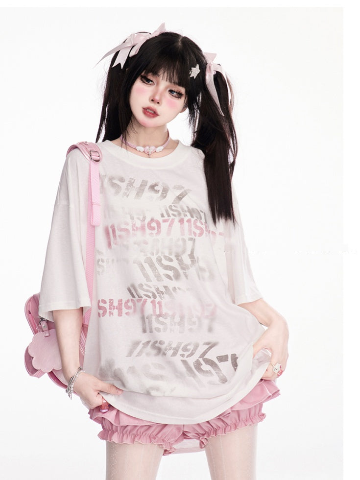 Oversized T-Shirt Neck Letter Print White Round