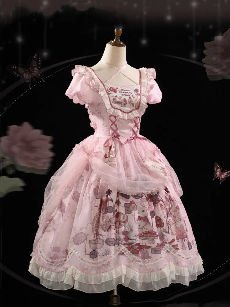 Waist Scalloped Pink Trim Bunny Edge Princess Dress Skirt Lolita Print Ruffle Basque