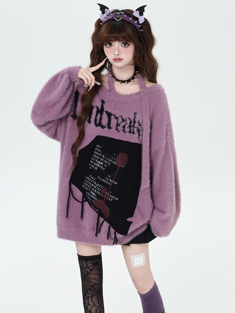 Schwarz/Weinrot/Lila Neckholder-Pullover mit Buchstabengrafik