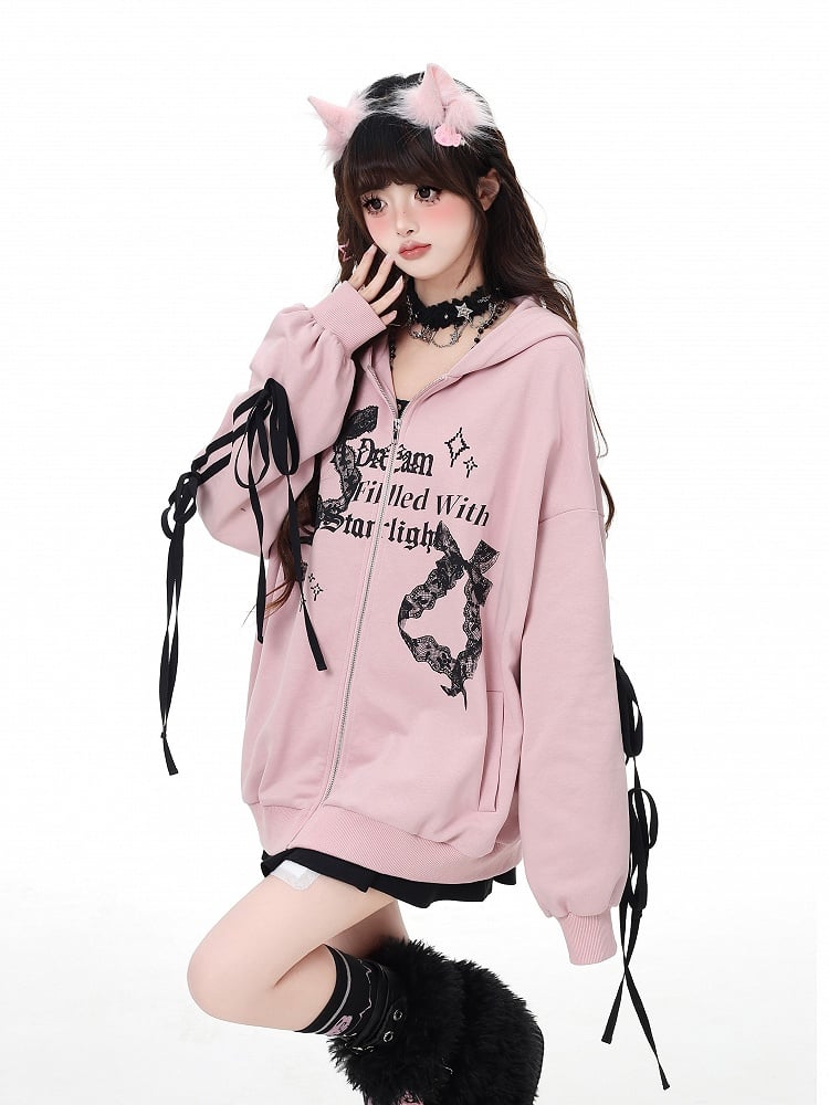 Rosa Kapuzenpullover mit Grafik und Reißverschluss und Spitze