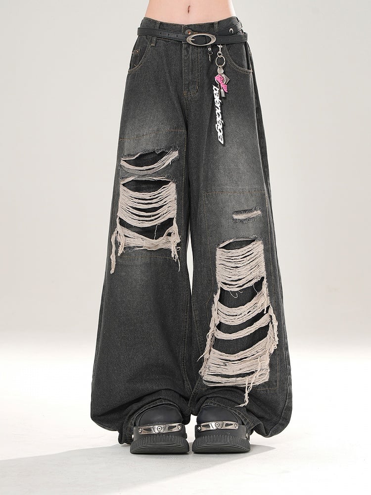 Vintage Black Wide-Leg Jeans with Distressed Detailing
