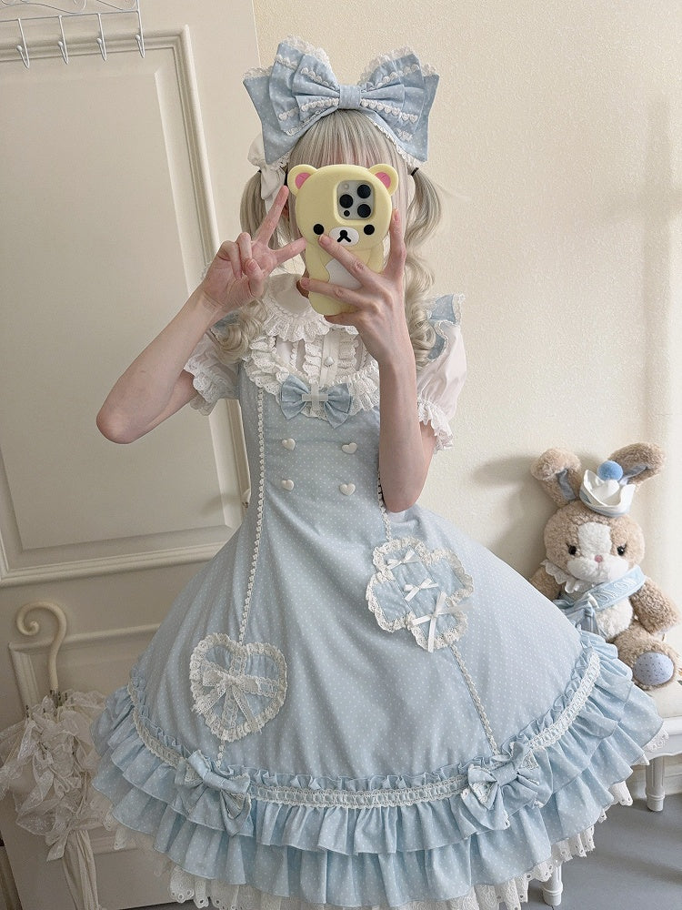 Layered Pattern Ruffle Nurse Hemline Blue Dress Polka-dot Lolita
