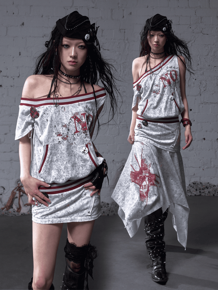 Asymmetrical Neckline Gray/White Wasteland Punk Distressed Dress