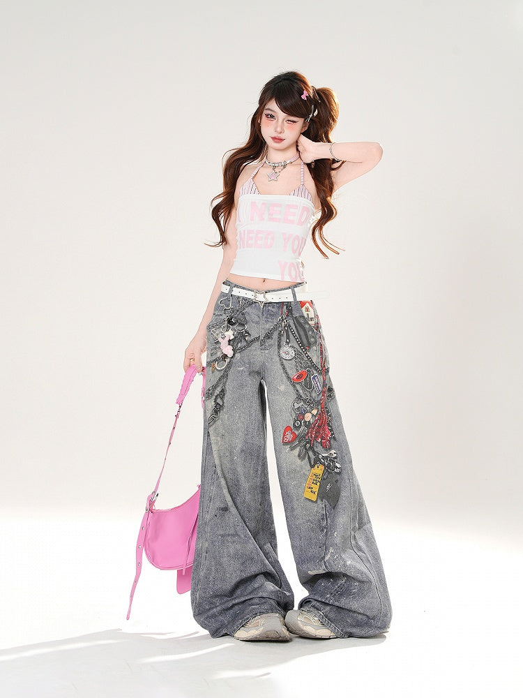 Blue Low Print Wide-leg Jeans Waist Spray Paint Chains