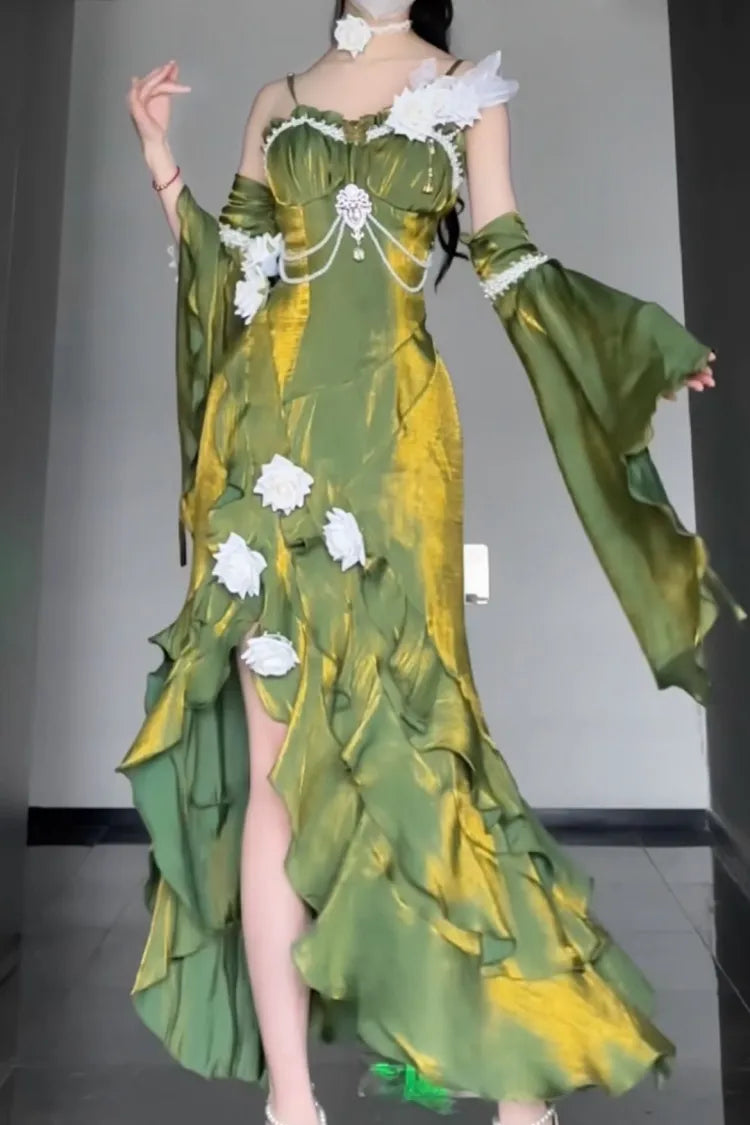 Gown Sleeves Evening Dress Detachable Flounce with Green Mermaid Rosette