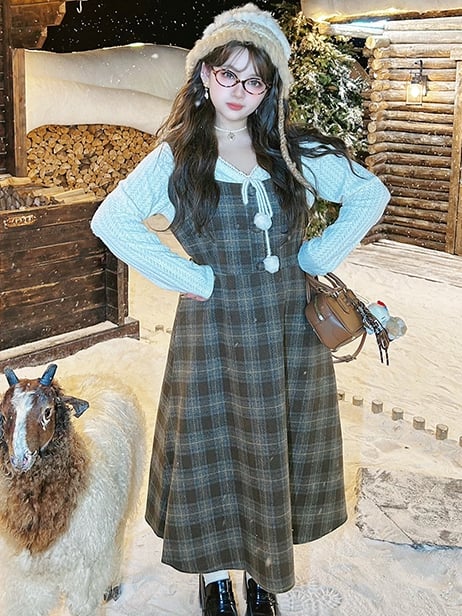Braunes Woll-Overallkleid mit hoher Taille und Karomuster in Übergröße