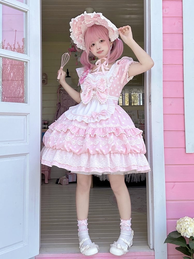Dots Square Apron White Short Polka Dress Lolita with Sleeves Neckline Pink