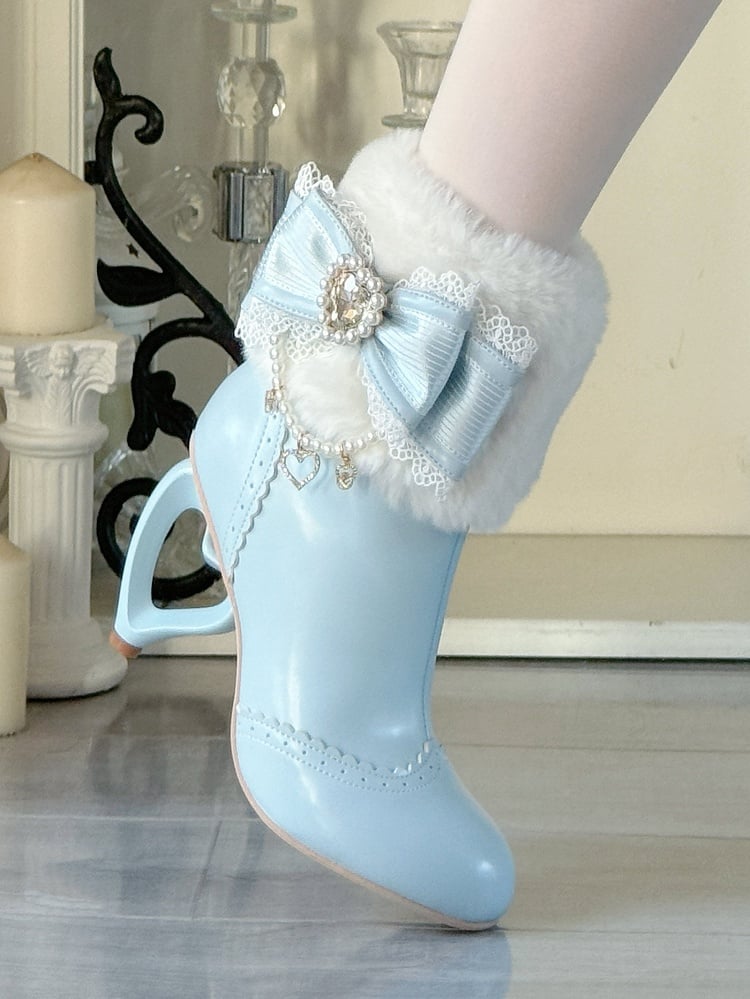 Sweet Leather Heel Boots Blue Style Bow PU Rhinestone - a with in Heart-Shaped Beaded Heart