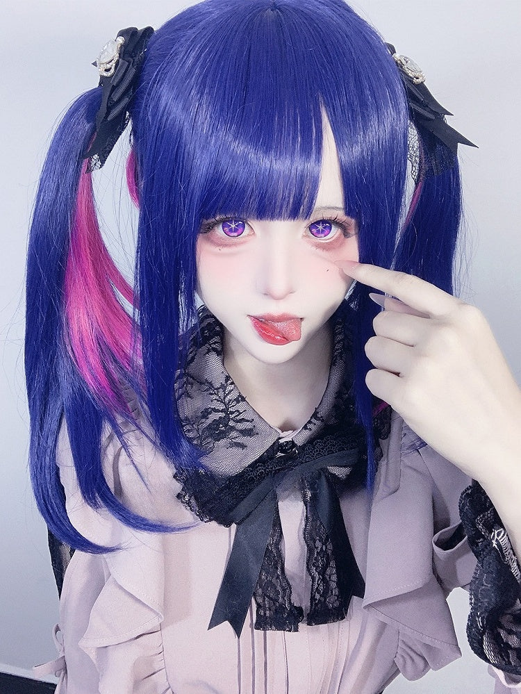 And Length Bangs Pink Highlight With Wig 70CM Blue Straight