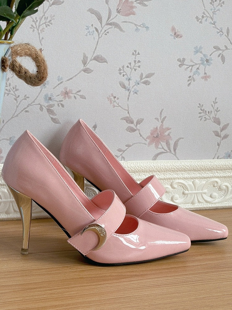 Heels at Toe High Moon Ankle Elegant Velcro Strap Pink Lace-up + Closures Pointed - Lolita Accent