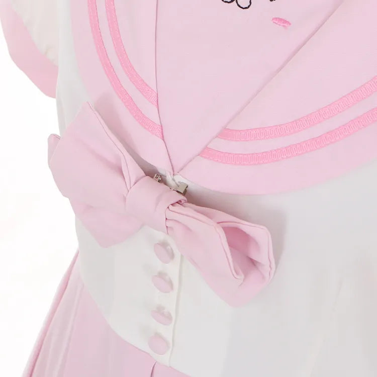 プリーツ蝶結び耳うさぎカラーセーラーワンピースピンクキュート&ホワイトボックススカート