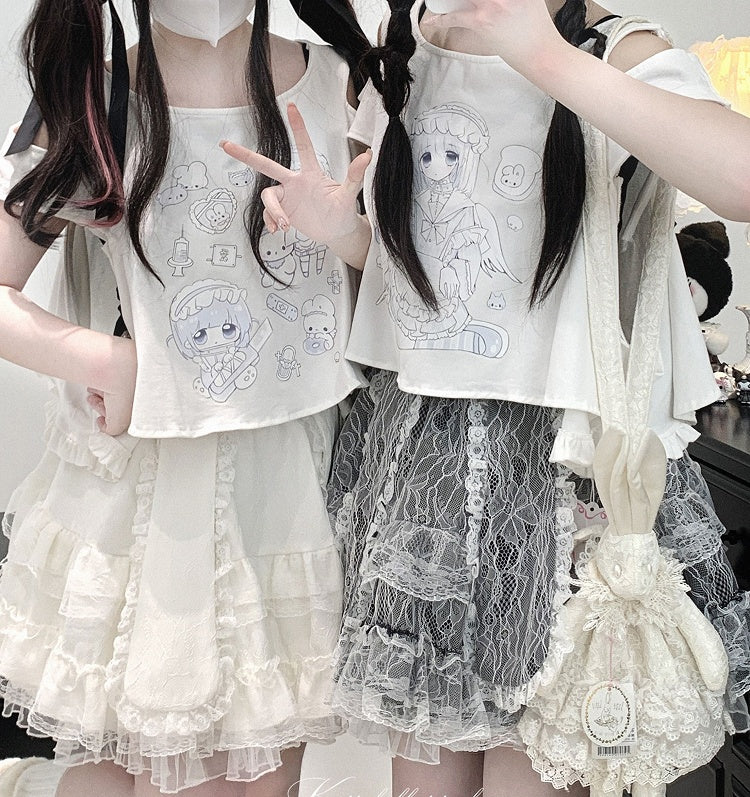 Double-Layered Jirai Kei Lace Black/White/Pink Bunny Ears Design Skirt