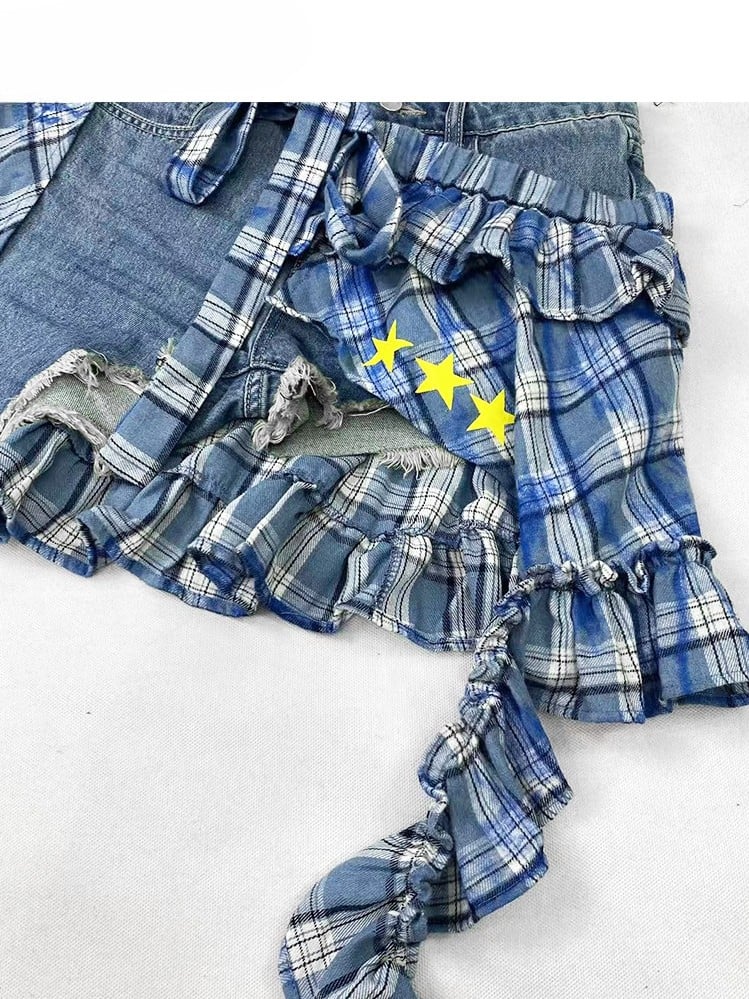 Warmers + Blue Print Hem Shorts Glamorous Pattern Bittersweet Asymmetrical Star Set- Plaid Applique Skirt Leg Cross