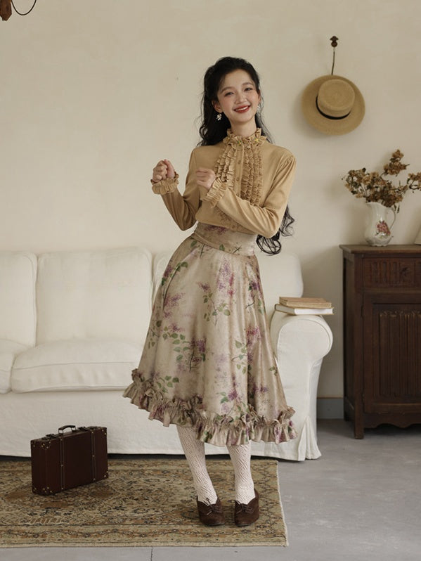 ヴィンテージパープルフローラルプリントフリルトリムハイウエストスカート