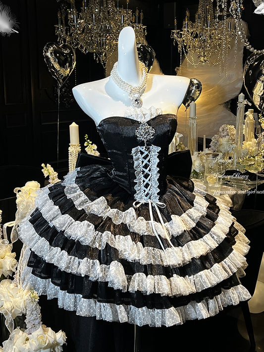 きらめくブラックコルセットウエストレイヤードスカートストラップレスパーティードレス