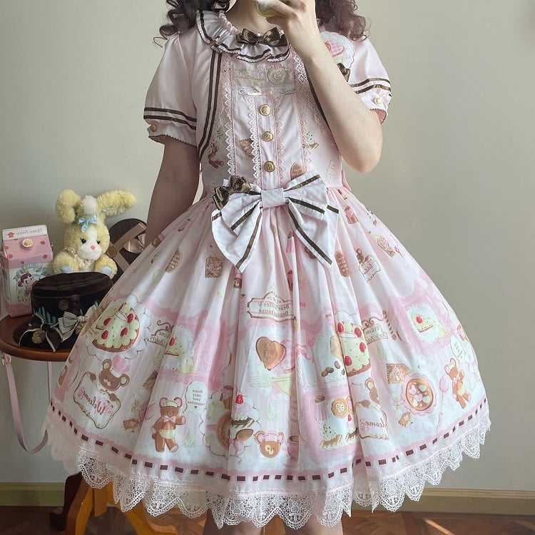 Two-pieces Theme Fake Desserts Bear Dress Pink Lolita Sweet Print Design
