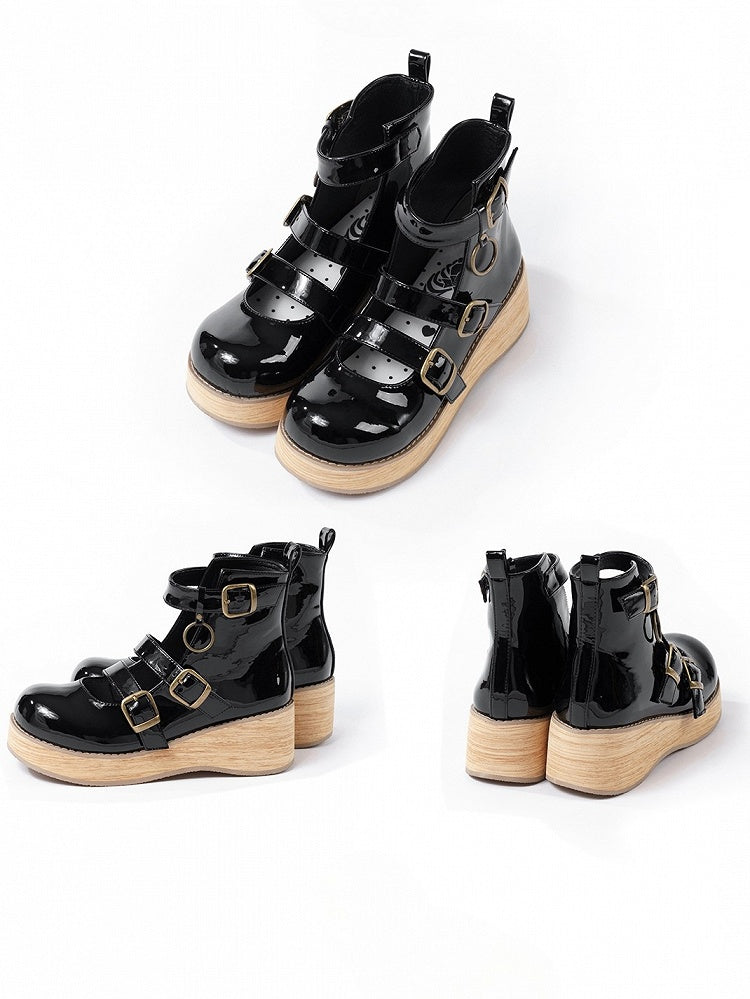 Riemchenspitze mit polierter 3 cm Knöchelsohle, rundes Plateau, schwarze Schnalle, Vintage-Stiefel mit 3 Keilabsatz, Größe 3–5