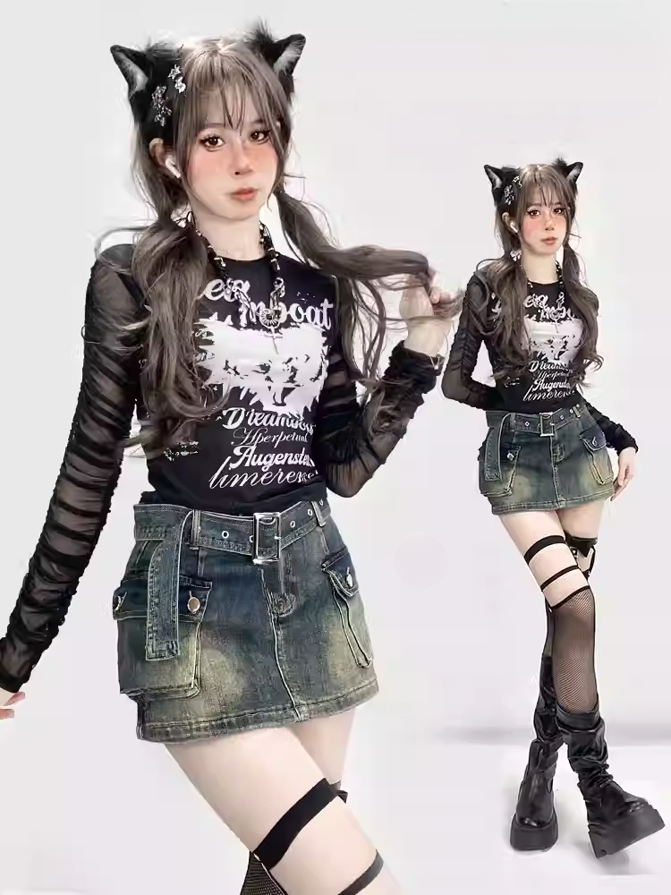 Y2K ブラック セミシースルー ラウンドネック フリルスリーブ グラマラス グラフィック トップス