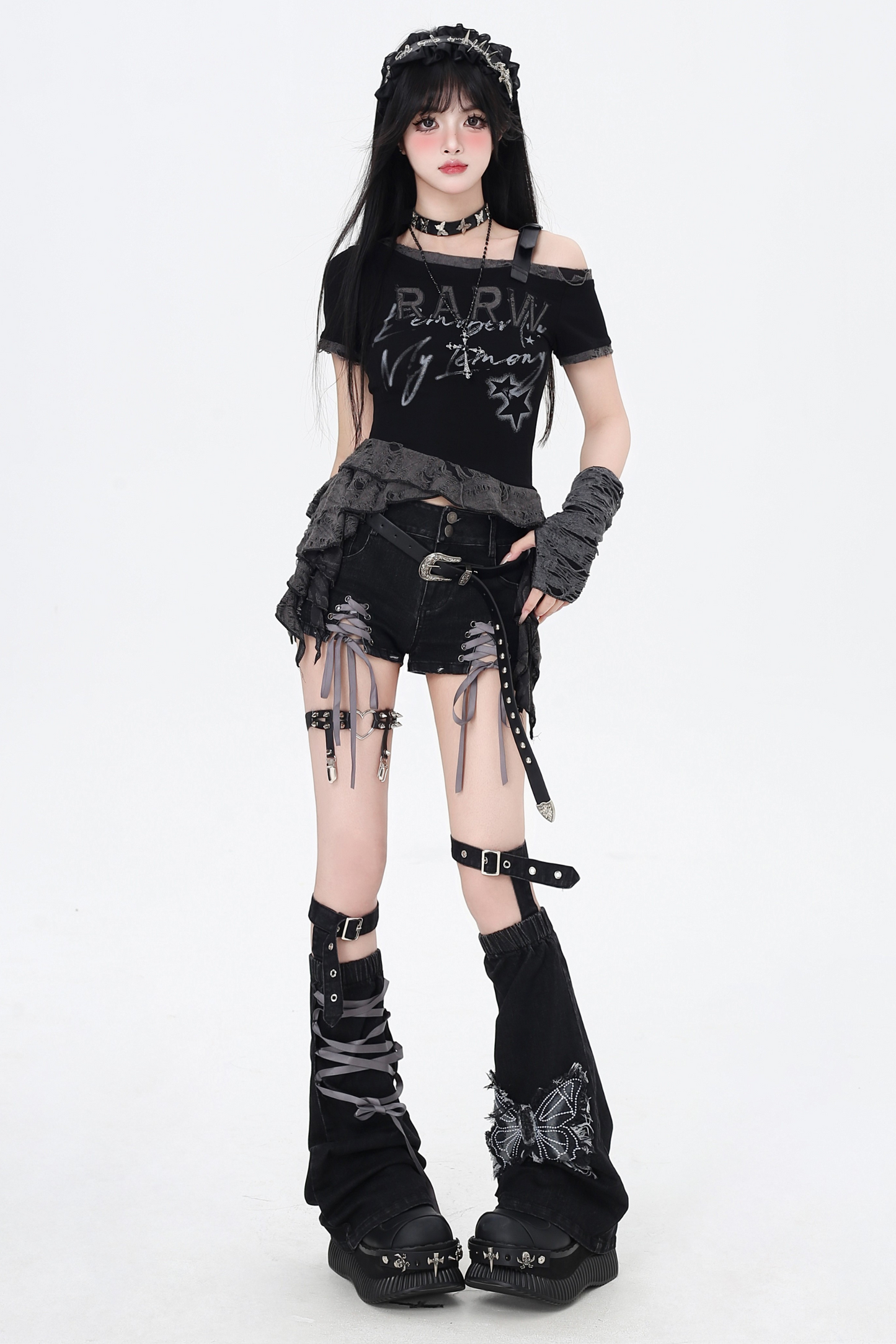 shorts Colored ribbon denim lace-up