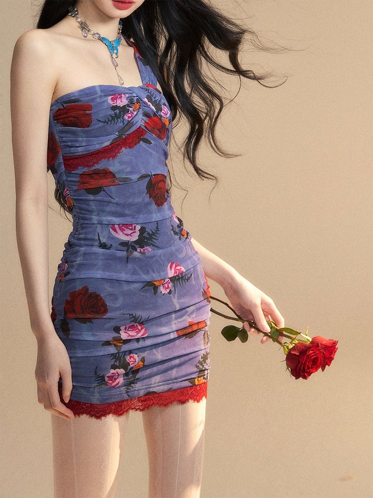 Monet's Secret Garden Mini Floral Sleeveless Dress Pattern Glamorous Blue