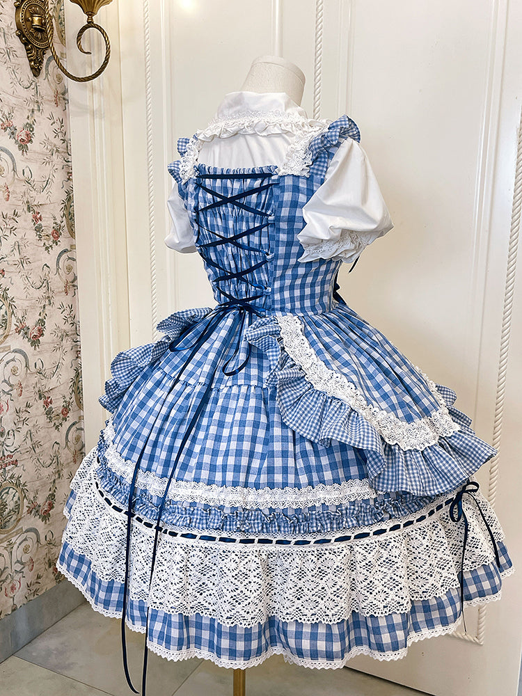 Old and School Blaues Kleid Gingham Lolita Pullover Weißer Rock