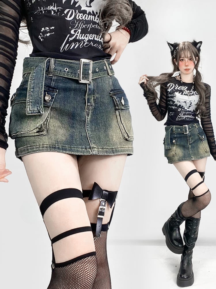 Vintage Dark Blue Distressed Denim Glamorous Skirt with Cargo Pockets