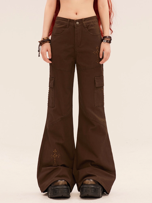 Low Flared Pants Brown Waist Cross Rhinestones Vintage