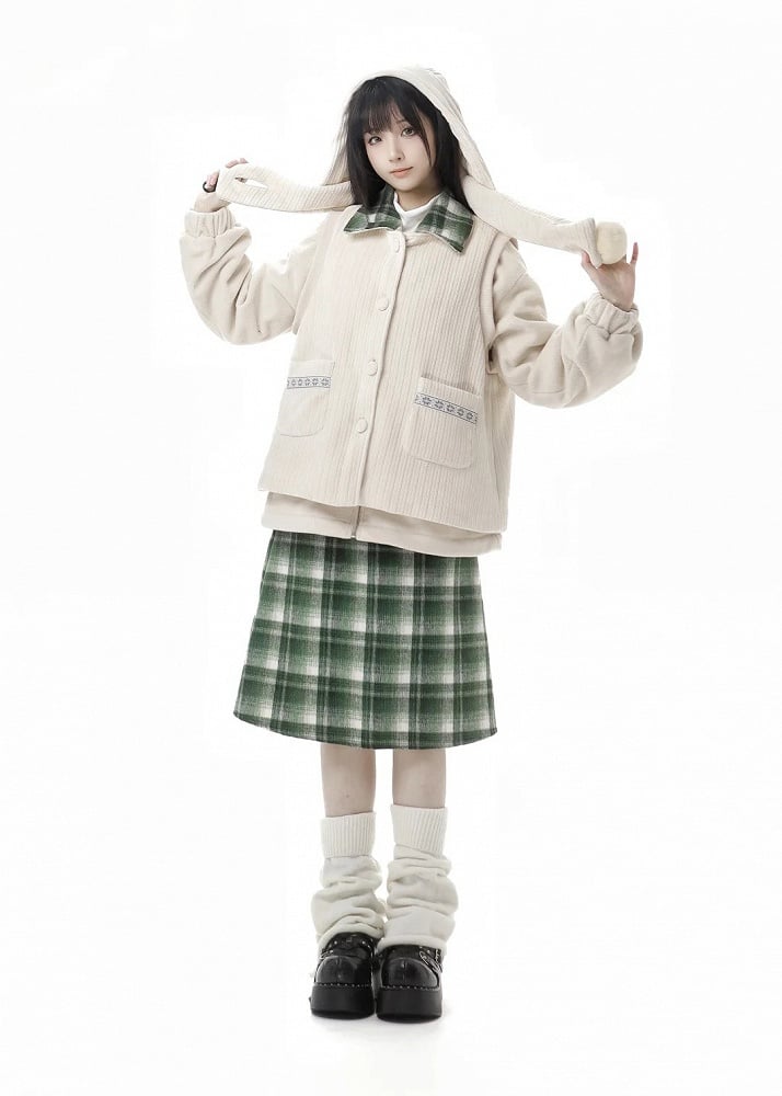 Apricot Horn Button Design Fleece Coat+Pompons Scarf+ Vest