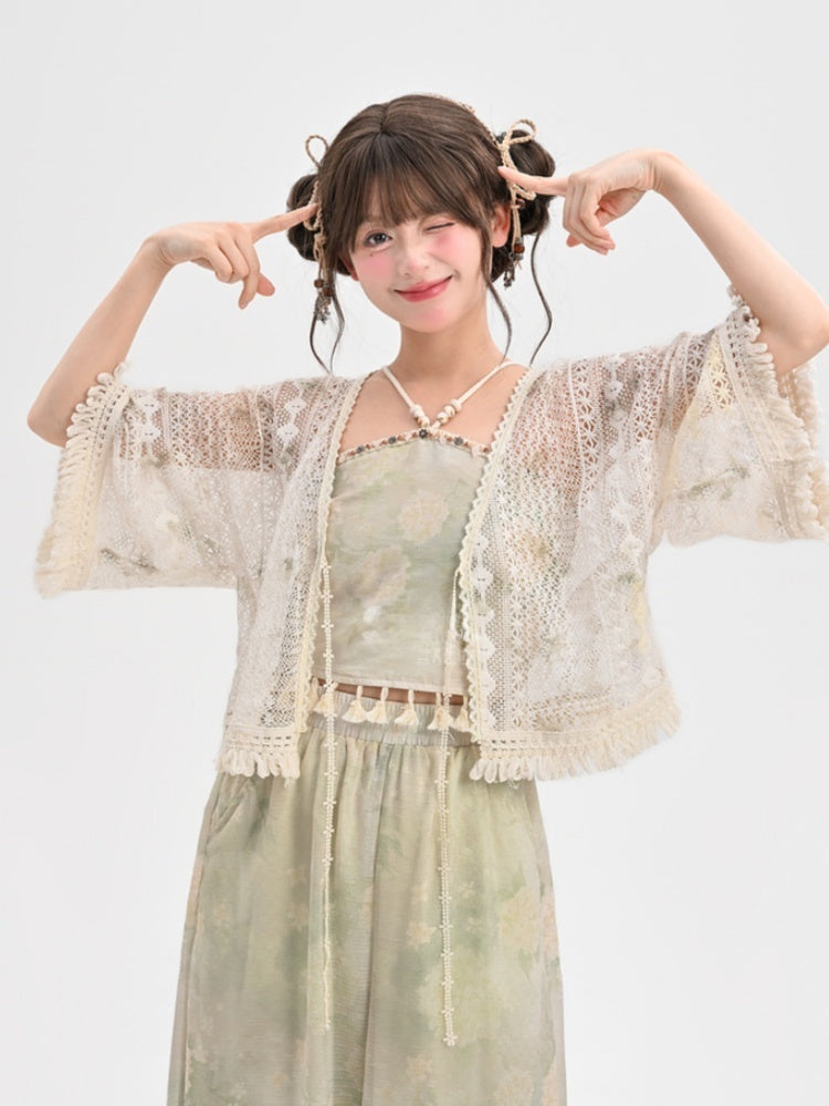 Fringe Hem Holiday Top Light Green Halter Neck Floral Print