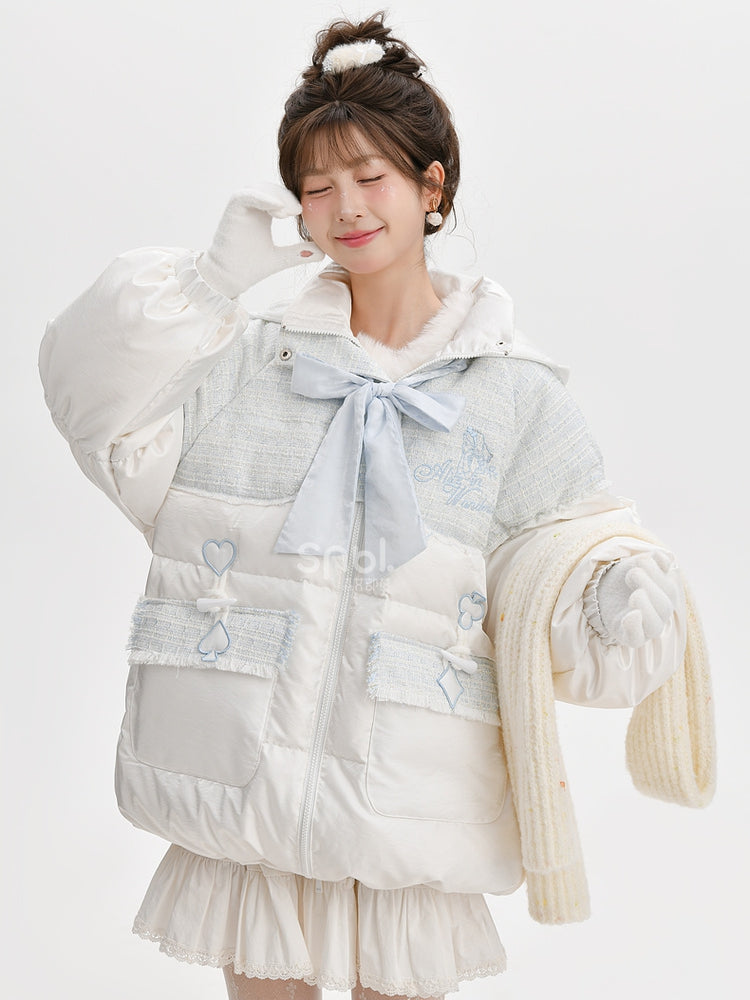 Alice in Wonderland Alice Tweed Patchwork White Hooded Down Jacket