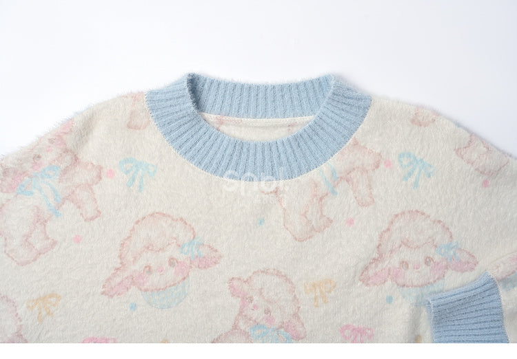 スカラップエッジトリムのベージュのキュートなラム柄セーター