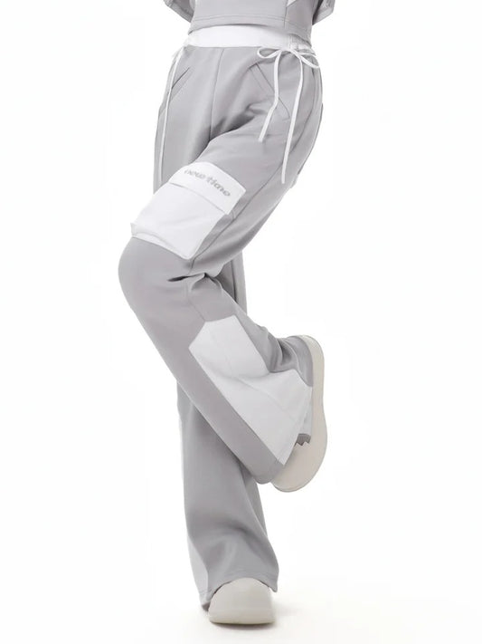 ウエストグレーデザインハイホワイトカラーブロックグラマラスフレアパンツ