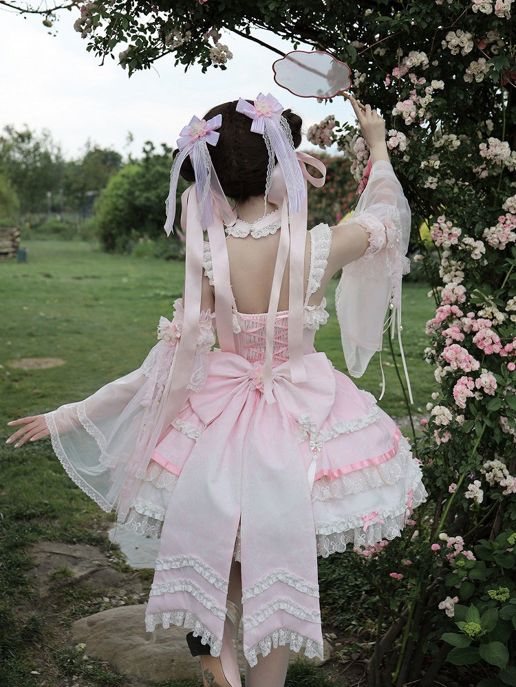 Dress Lolita Accents Chains Bead Pink Waist Flower and Corset Bow Qi